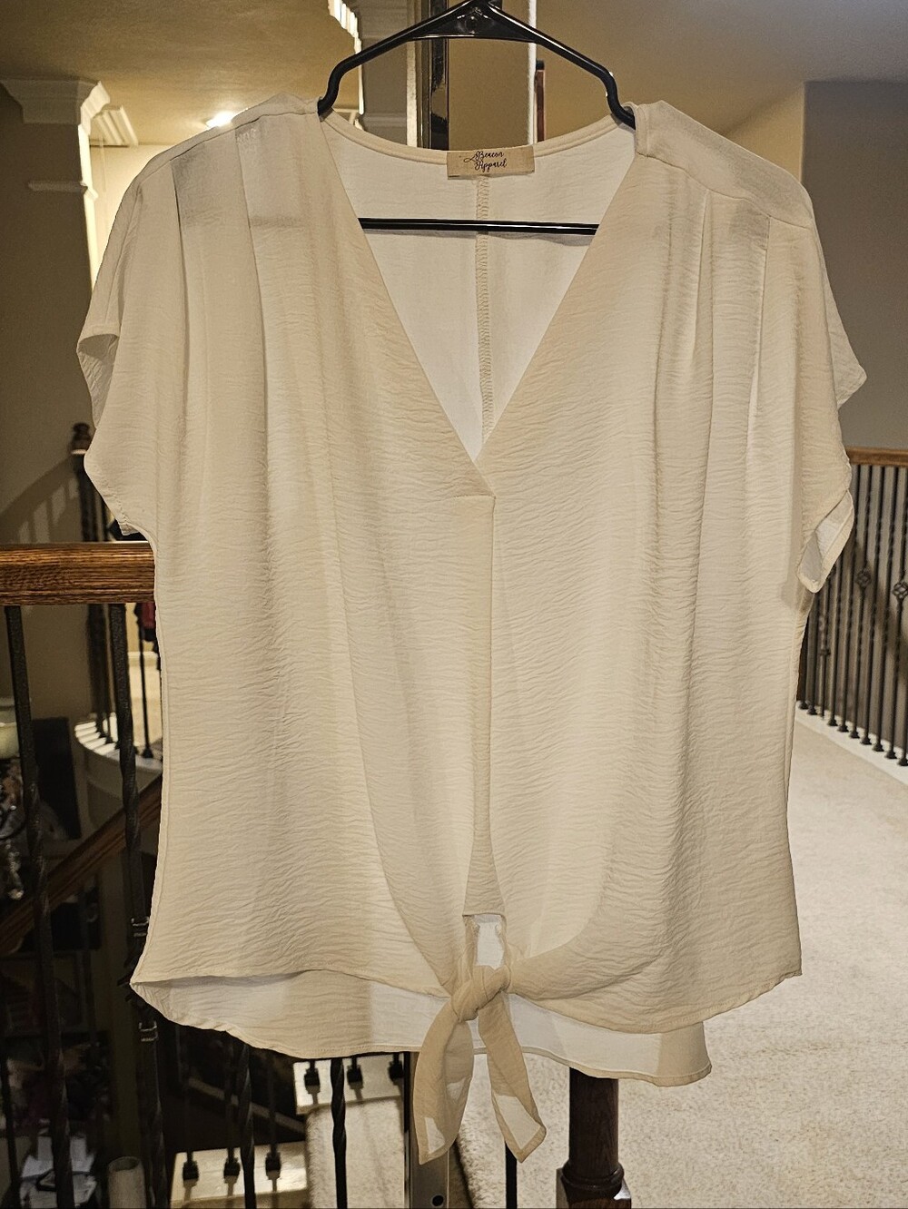 Cream Tie-Front V-Neck Short-Sleeve Blouse